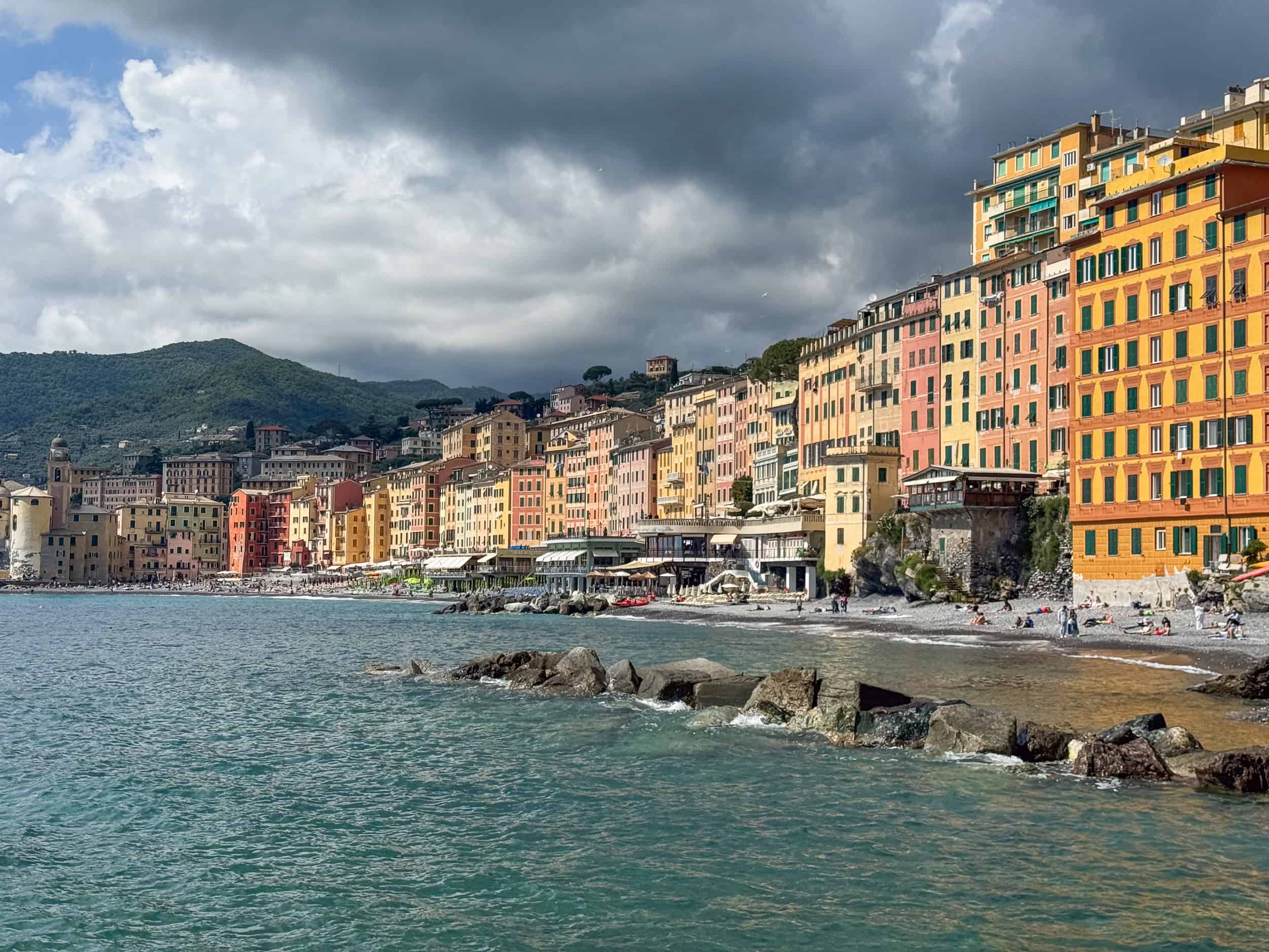 Camogli, Italy seafront of colourful houses.
